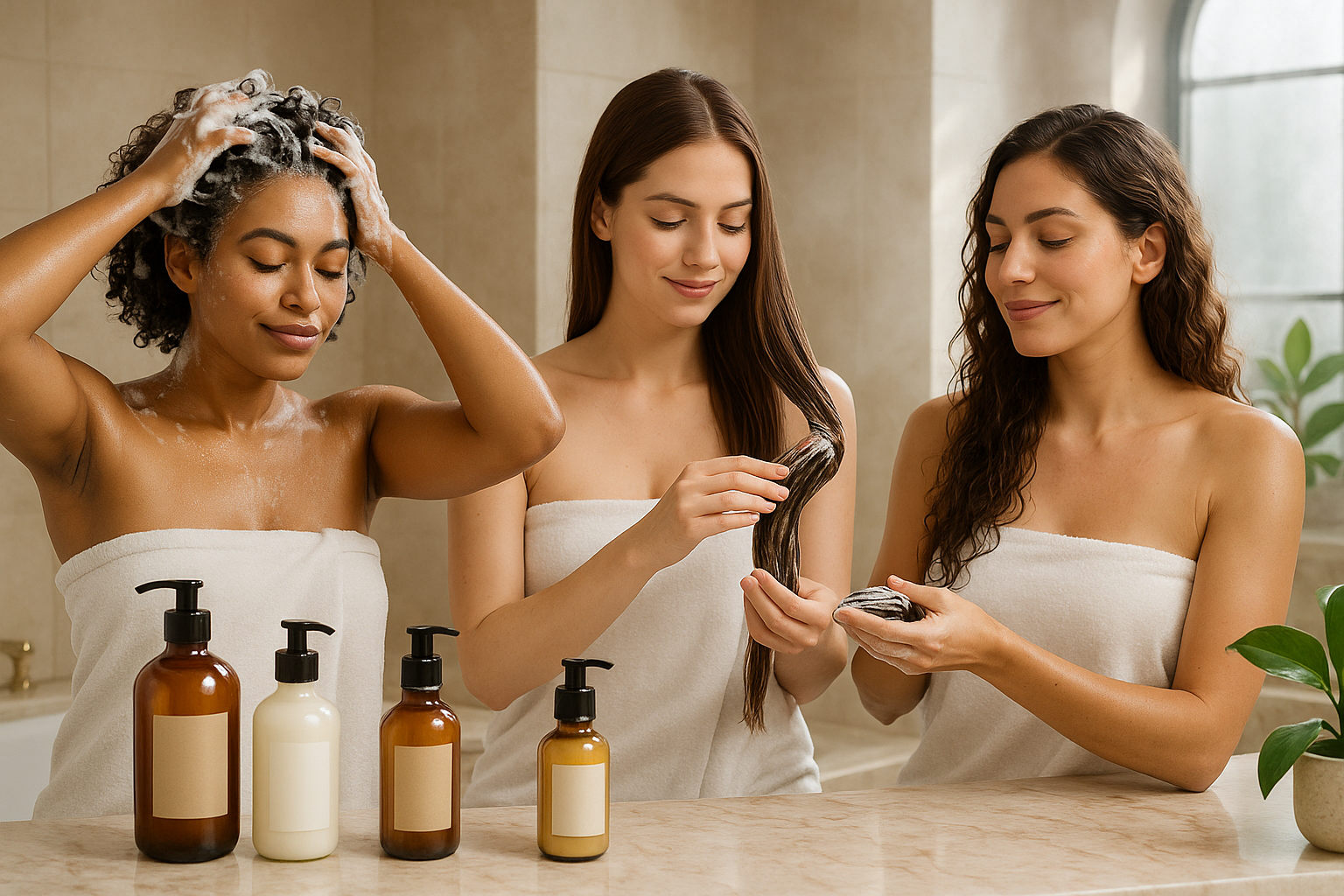 Cria uma imagem de mulheres a cuidarem do cabelo com shampoo , condicionador e mascaras. 